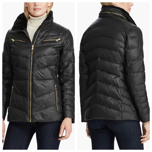 Lauren Ralph Lauren Faux Fur Trim Quilted Puffer Black Jacket Size Small - Picture 1 of 15